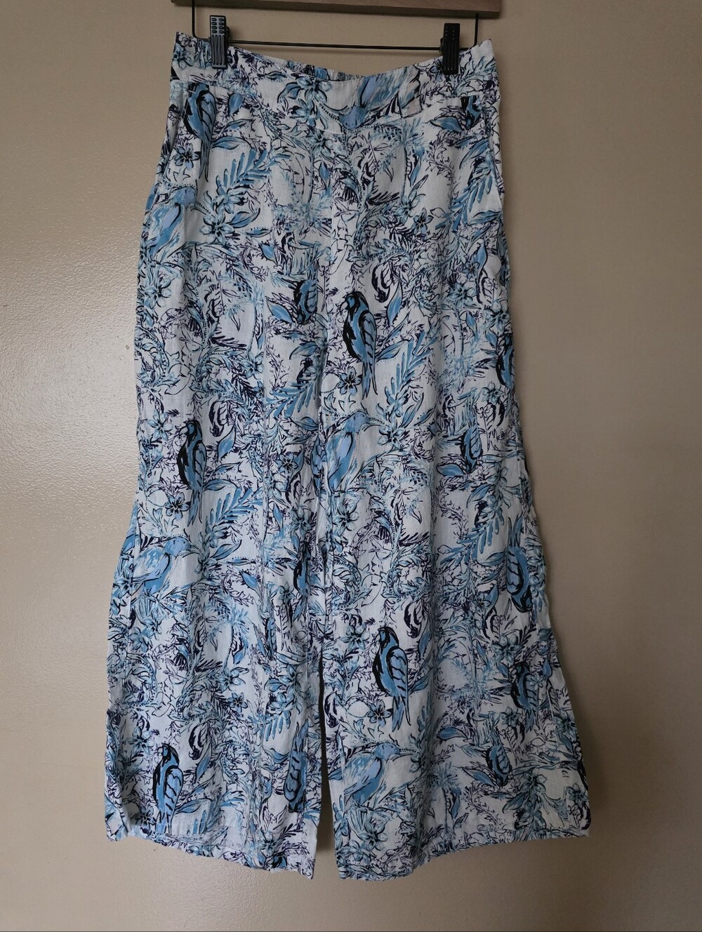 Tahari Linen Tropical Bird Novelty Print Wide Leg Cropped Pants M Quirky Beachy